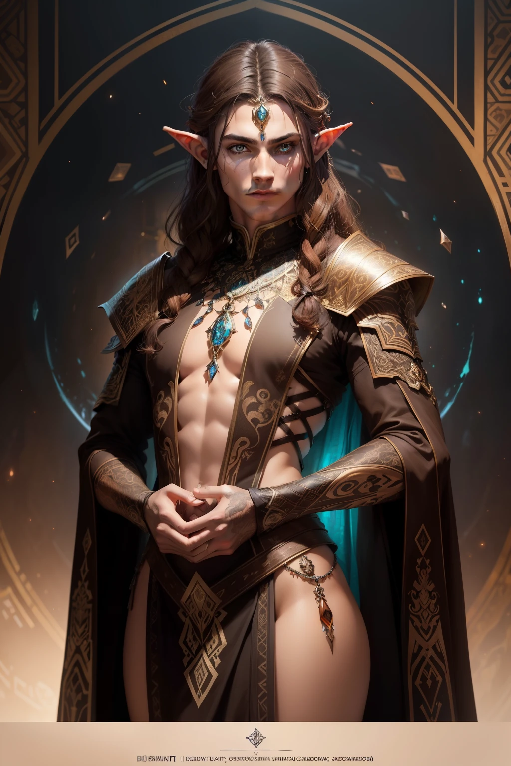 male elf, stunning photorealistic, 16 yrs old, ((((eyes browns: 1.2)))), black jersey, ((pele de calcasiana)), hyperdetailed painting, Luminism, Bar lighting, complex, 4K resolution concept art portrait by Martina Fačková and Prywinko Art, artegerm, WLOP, alphons mucha, unrealistic pojatti D&D fusion, bioluminescent fractal isometry details: incredible colors, hand drawn, tenebrosa, Coraggioso, very realistic, klimt, burlas .12 mil, complex hyperrealistic cover photo. Definition of success, cinematic, Draft, mix of bold tenebrosa lines and loose lines, bold lines, on paper