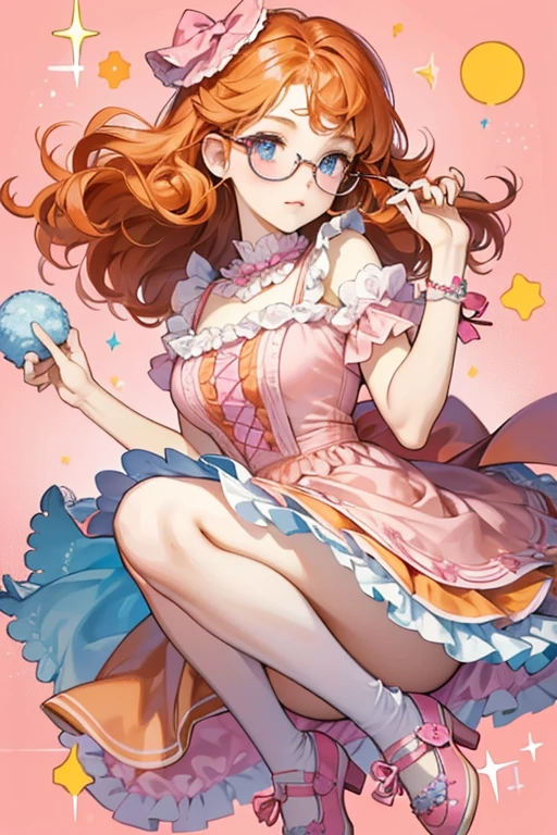 Goodie has curly orange hair, blue eyes and pale skin. She wears a pink frilly dress, pink shoes with pom-poms, and pink cat-eye glasses. SPARKLE; GLITTER