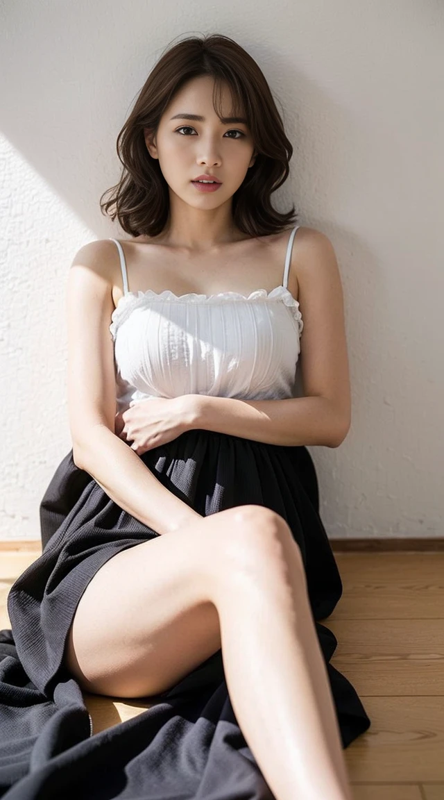 Dark brown hair、Light brown eyes、Japanese actress、 Lady、I am about 40 years old....、(Intricate details:1.2)、(Which is the top????:1.4)、 (Ultra-high resolution:1.2)、Ultra-high resolution、(Finely tuned)、(Detailed facial features)、Hmph、8K resolution、D cup size breasts、Long Hair、Updostyle, Updo、Hair Bun、1 Girl, Deep sorrowの表情, (Very detailed美しい顔), (camisole:1.5), (Bare shoulders:1.3), (Highest quality:1.4), (Very detailed)、Beautiful fair skin with transparency, Are sleeping、Sleeping on the floor、Top View、 Spread your legs wide, Please open your mouth a little、Her legs are visible through the dress、Deep sorrow、Pose of Weakness、Obscene pose、White floor、White wall、The morning sun shines in、Sleep on your side。