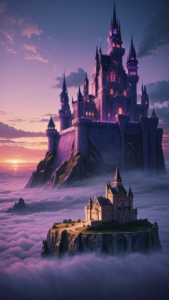 Only one castle in the clouds floating above the sky, surrealism painting style, ethereal sky, twilight color palette, cold colors, purple sky, majestic architecture, grand and glowing, dreamy atmosphere, otherworldly beauty, expansive view, Salvador Dali painting style, fantasy world