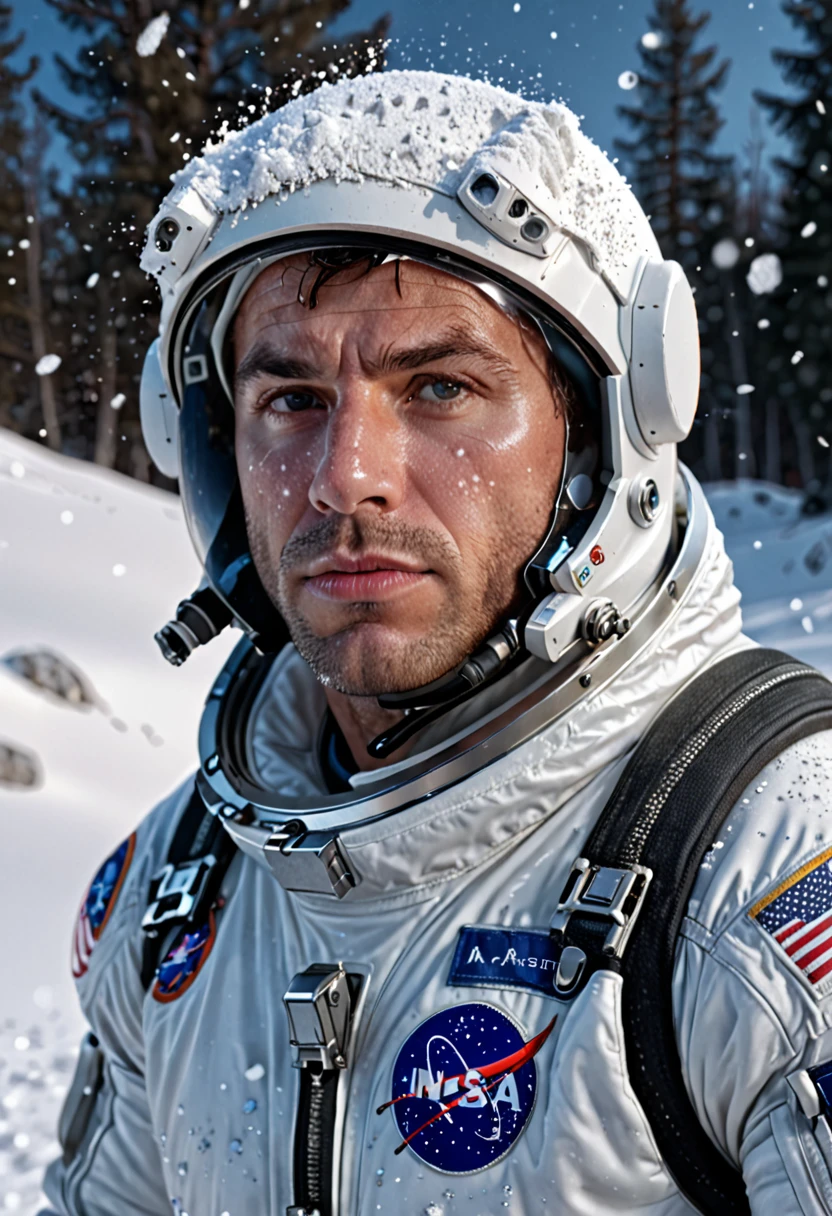 a man in a astronaut suit, standing in snow, photorealistic, highly detailed, (best quality,4k,8k,highres,masterpiece:1.2),ultra-detailed,(realistic,photorealistic,photo-realistic:1.37),HDR,UHD,studio lighting,extremely detailed face and eyes,beautiful detailed eyes,beautiful detailed lips,extremely detailed facial features,longeyelashes,muscular build,serious expression,snow covered landscape,snowflakes falling,dramatic lighting,cinematic composition