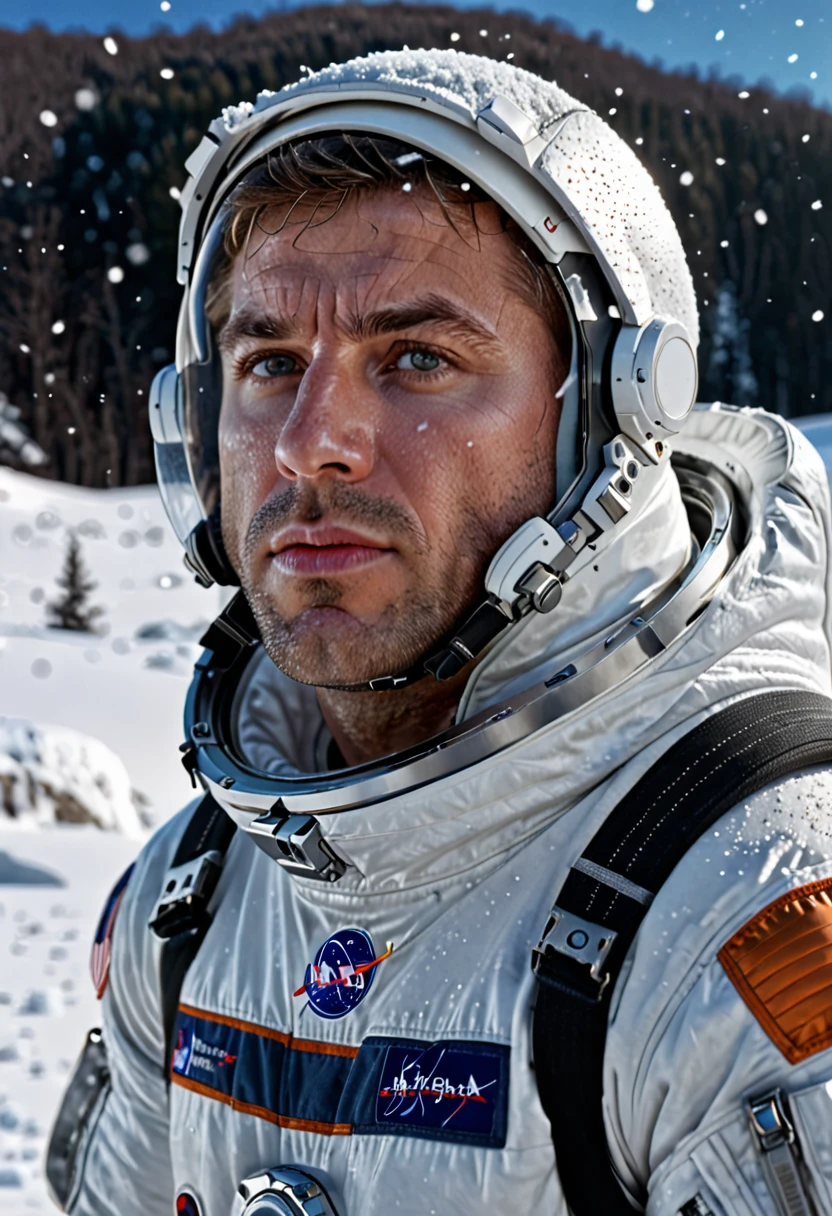 a man in a astronaut suit, standing in snow, photorealistic, highly detailed, (best quality,4k,8k,highres,masterpiece:1.2),ultra-detailed,(realistic,photorealistic,photo-realistic:1.37),HDR,UHD,studio lighting,extremely detailed face and eyes,beautiful detailed eyes,beautiful detailed lips,extremely detailed facial features,longeyelashes,muscular build,serious expression,snow covered landscape,snowflakes falling,dramatic lighting,cinematic composition