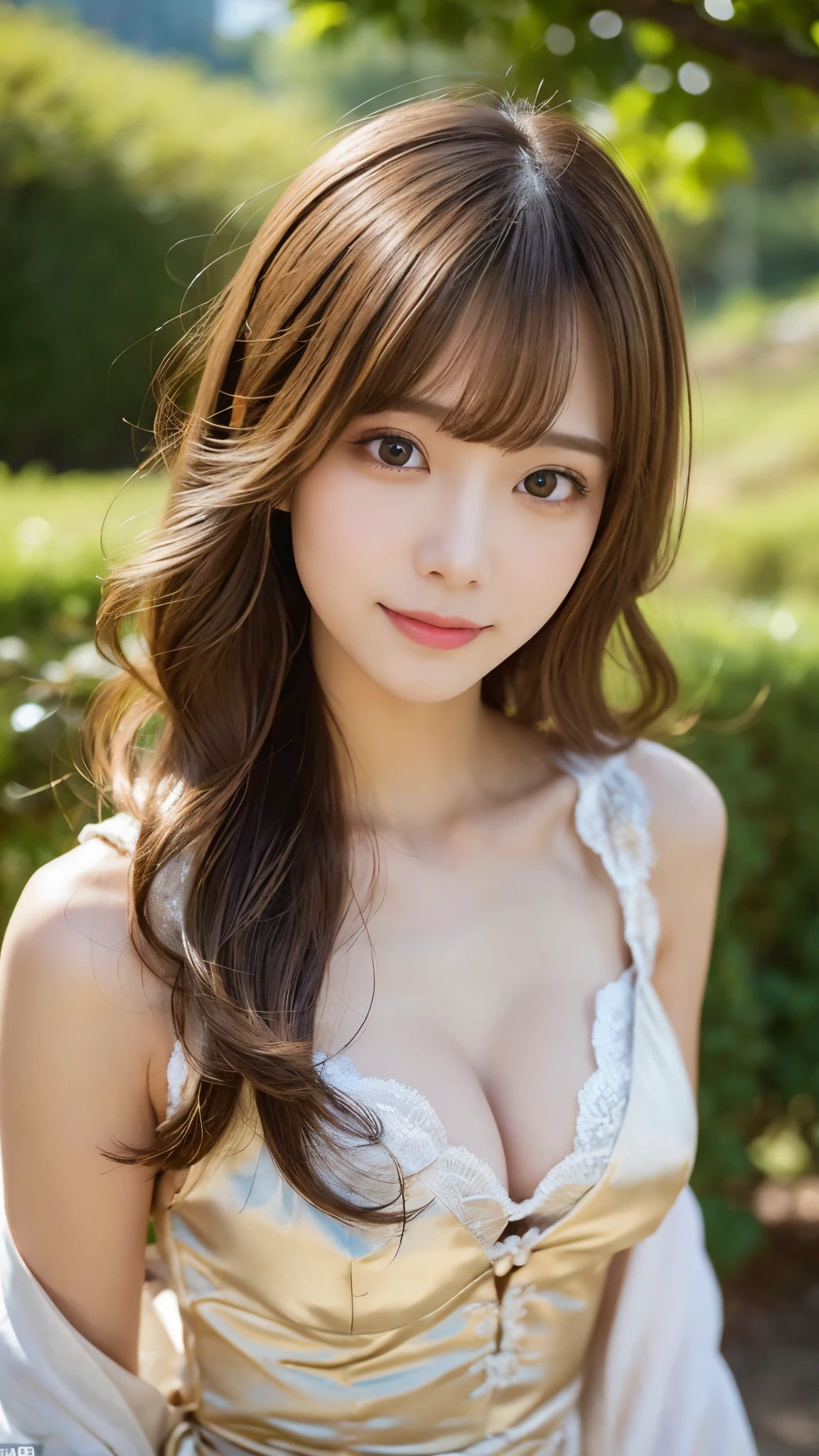 (Detailed skin:1.2),(Shiny skin:1.1),8K,Highest quality, masterpiece, Ultra-high resolution,(Fantasy:1.4), RAW Photos,(Soft saturation:1.3),(Fair skin:1.2),Japanese Idols,repair,20 years, Light brown hair, （Long Hairstyles:1.2), Asymmetrical Hair, Asymmetrical bangs (Pretty face:1.4), (Large Breasts, Tight waist), Beautiful lighting, Small Head, (Dressed like a goddess:1.2,),Highly detailed face, Highly detailed lips, fine grain, double eyelid,（Full Body Shot）, Browsing Caution, （Sharp focus: 1.2）, （Perfect Anatomy、Beautiful woman with perfect figure: 1.2）、Exposing cleavage、Random sexy poses，Accentuate your leg lines、Smiling、(Natural landscapes of medieval Europe:1.2),（The goddess comes:1.2）