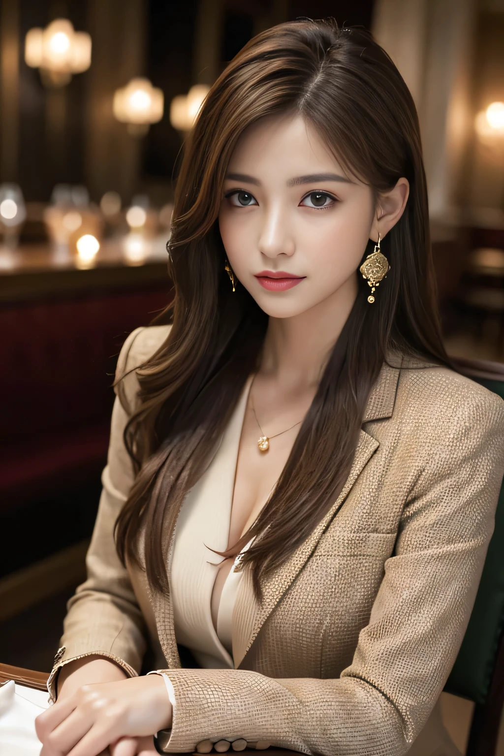 masterpiece, Highest quality, Realistic, Very detailed, Finer details, High resolution, 8k wallpaper, One beautiful woman, Wear a nice suit, In a great restaurant, At night, Light brown messy hair, Perfect dynamic composition, Beautiful and beautiful eyes、Big earrings、Sit on a chair、
