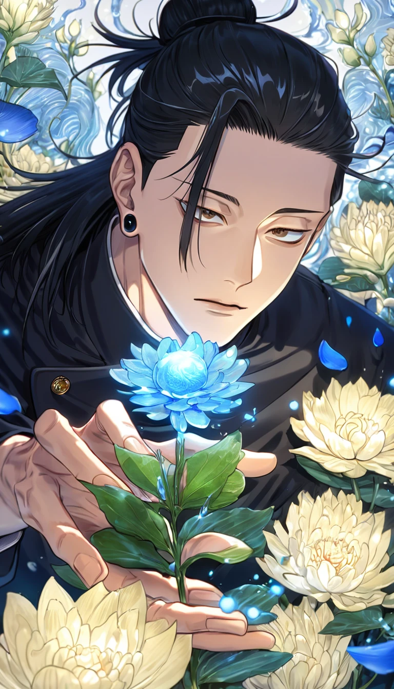 absurdres, highres, ultra detailed, HDR, master piece, Getou Suguru, black hair tied in a bun, expressive brown eyes, black shirt, black piercing, Jujutsu Kaisen, man, handsome, best quality, blue moon, flowers, fantasy, magical, solo, water, blue shining fireflies, blue petals, Jujutsu Kaisen uniform
