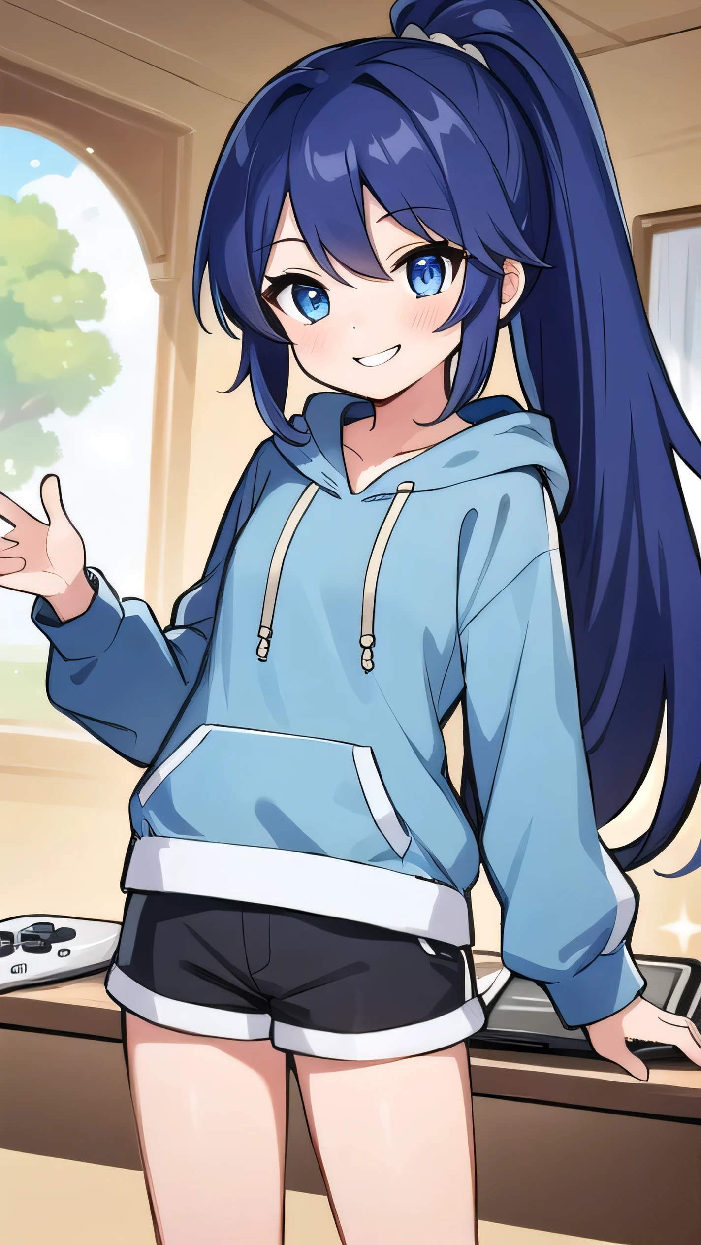 Blue-purple hair, dark blue eyes, long hair, ponytail, (hairpin:1.1), long-sleeved hoodie, ,small breasts,shorts, middle school student, 14 years old, short, round eyes, sparkling eyes, owns a game console, confident, smiling a little There is,
