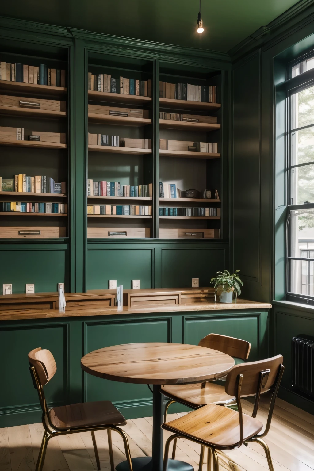 create a restaurant, with brown tables and chairs with gold details, matte green walls, bookshelf with books, study area