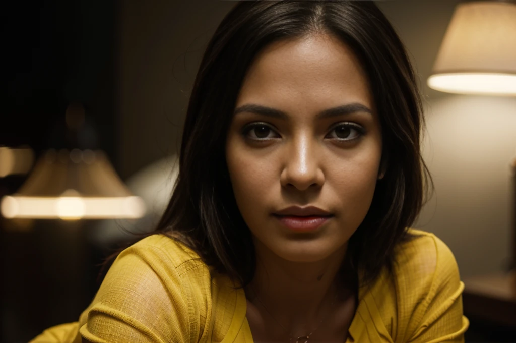a beautiful latin woman, expressive face, happy expression, yellow blouse, black pants, high quality portrait, cinematic lighting, dramatic lighting, professional portrait, intense gaze, sharp focus, studio lighting, 8k, photorealistic, hyperrealistic, hyper detailed, award winning photograph, beautiful skin, flawless makeup, masterpiece