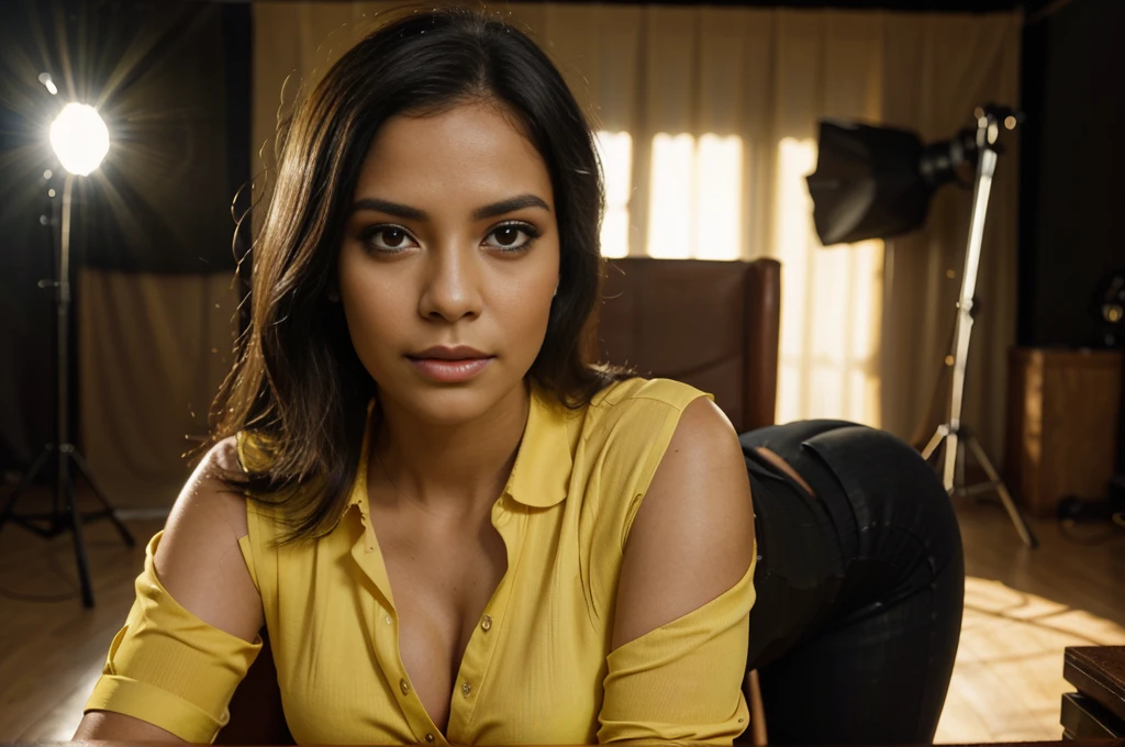 a beautiful latin woman, expressive face, happy expression, yellow blouse, black pants, high quality portrait, cinematic lighting, dramatic lighting, professional portrait, intense gaze, sharp focus, studio lighting, 8k, photorealistic, hyperrealistic, hyper detailed, award winning photograph, beautiful skin, flawless makeup, masterpiece