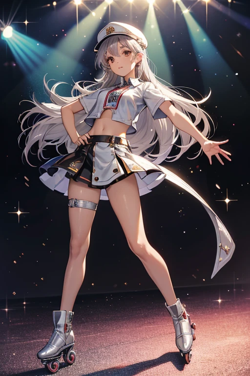 Tinz has shiny brown skin, brown eyes, and shiny silver hair. Her outfit is silver. She wears a hat with a red heart. She is also wearing a two piece outfit that consists of a short sleeve top, a silver skirt, silver stockings and silver roller skates. SPARKLE; GLITTER