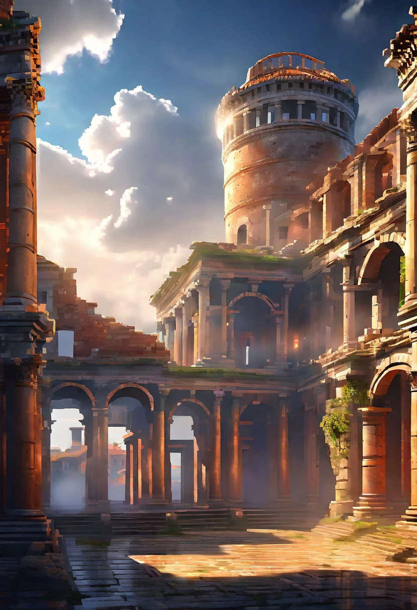 a vast, sweeping landscape of a majestic ancient Roman city floating amidst dramatic clouds, with windmill-like structures and classical Roman temple architecture, (best quality,4k,8k,highres,masterpiece:1.2),ultra-detailed,(realistic,photorealistic,photo-realistic:1.37),dramatic lighting,cinematic composition,dramatic sky,fantasy,surreal,intricate details,volumetric fog,dramatic lighting,dramatic atmosphere,stunning scenery,fantastical architecture,digital art,concept art