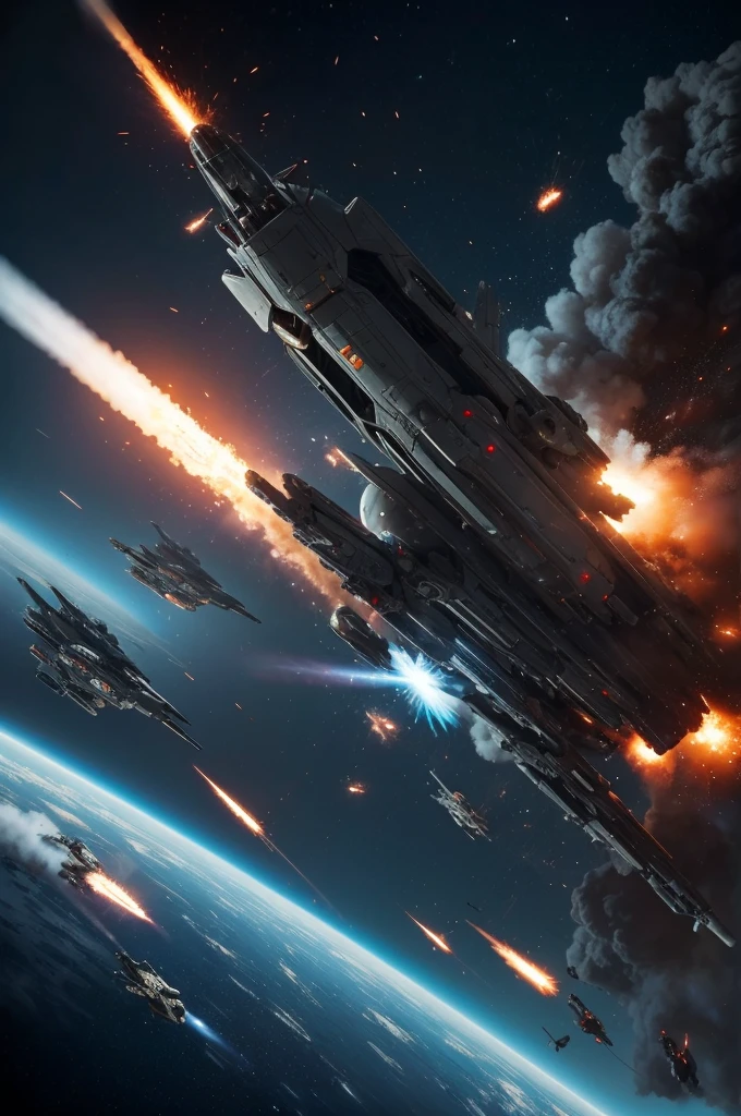 a space battleship being blown apart by weapon fire with explosions wreckage and fire, masterpiece, best, photo realistic, epic space battle scene