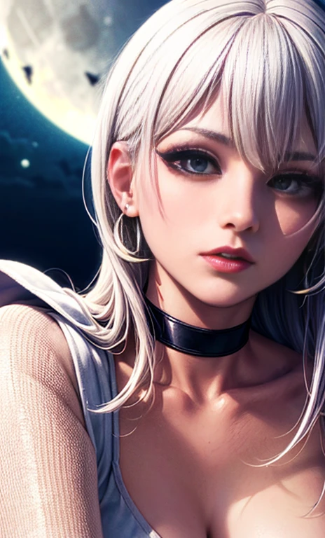 Depth of bounds written, detailed eye, ((CG illustration)), ((face focus)), ((masterpiece)), ((8K)), ((super detailed)), ((Super high quality)), ((cinematic)), ((Photoreal)), ((close up shot)), (solo), (cool girl), very long hair, straight hair, (((thin body))), Glossy skin, ((look away)), (Beautiful goth girl with high cheeks and legs), Gothic makeup, clear eyes, lipstick, dark eye shadow, ((No bra)), choker, earrings, provoke, night, ((full moon)), ((Functional)), Lonely, Visual kei, ((pastel colour)), Unwound clothes, forget, kiss, White Knight, dark, silence