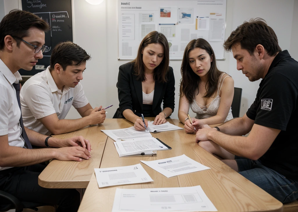 create the image of a table with various papers and graphs and several professional men and women around this table, discussing the creation of a new project for a company