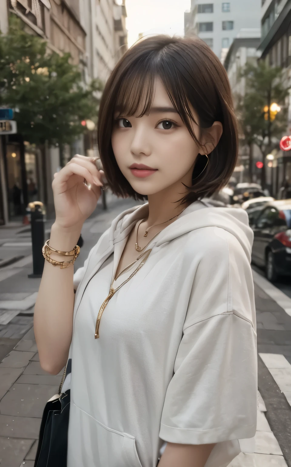Short sleeve hoodie:1.3, Medium bob without bangs:1.2, Gold Bracelet