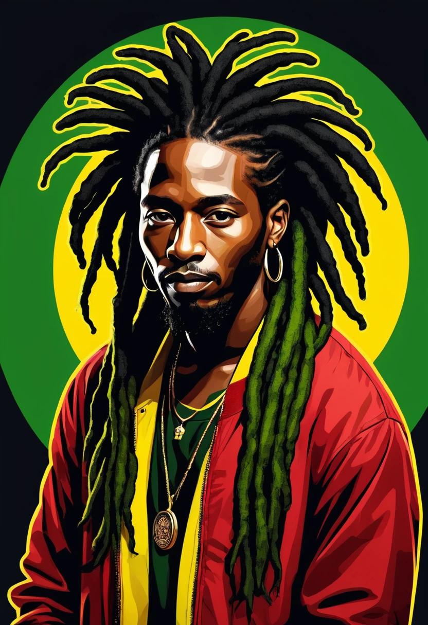 illustration, vector art of black man with dreadlocks in black colors, verde, amarelo e vermelho (olhando para a frente) , imagem estilo logomarca , Sober, (fundo preto), Image with resolution of at least 300dpi, UHD 8k, Very high quality for excellent printing. Lighting that highlights the figure in relation to the background, cores do reggae, Estilo da camada de disco