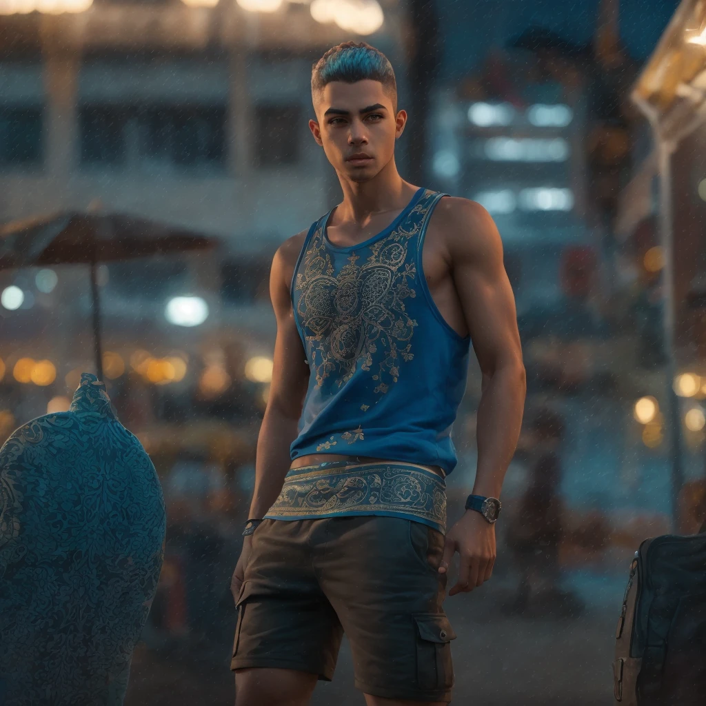 1 brazilian male, perfect detailed brown eyes, beautiful detailed eyebrows, beautiful detailed lips, short straight blue hair, dyed blue nape, Coolane Rhinestone Skeleton Pattern Cami Top With Sweatshirt Super Short, Dianhua Men's Cargo Pants Harem joggers in casual hip hop sweatshirt with multiple pockets, thin waist, thick legs, thick thighs, ultra detailed rio de janeiro beach at night, night lighting, beautiful night scenery, (best quality,4k,8k,highres,masterpiece:1.2),ultra-detailed,(realistic,photorealistic,photo-realistic:1.37), cinematic lighting, vibrant colors, highly detailed
