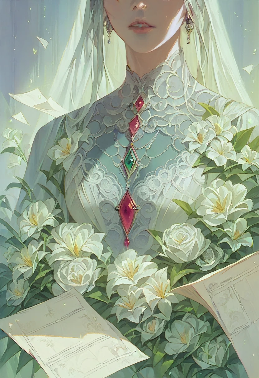 (((1 girl ))), Tafah, Highest quality, Beautiful、aesthetic: 1.2, gem, Quality lace, Detailed frame, Flowers, paper, فتاة Beautifulة تناسب الإطار, (Alphonse Mucha style), (خلفية StarRy Sky الBeautifulة),  Light colored hair, Dreamy, Wear gothic lolita