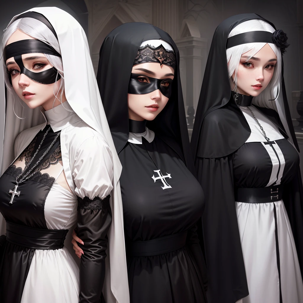 character reference, Nun, priest, blind veil, lace blindfold, black veil, bride veil, black mask, white hair, collar, chains, dog collar