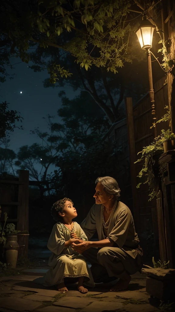 Introduction to the Legend A night scene, the sound of crickets echoing softly. The camera moves slowly through a peaceful, moonlit backyard. A soft voice narrates the legend of Velho do Saco, as the camera focuses on an old photograph of a grandmother and her grandson, conveying a feeling of comfort and innocence.