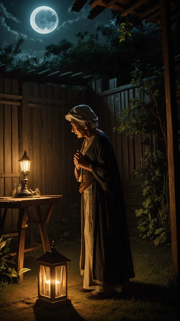 Introduction to the Legend A night scene, the sound of crickets echoing softly. The camera moves slowly through a peaceful, moonlit backyard. A soft voice narrates the legend of Velho do Saco, as the camera focuses on an old photograph of a grandmother and her grandson, conveying a feeling of comfort and innocence.