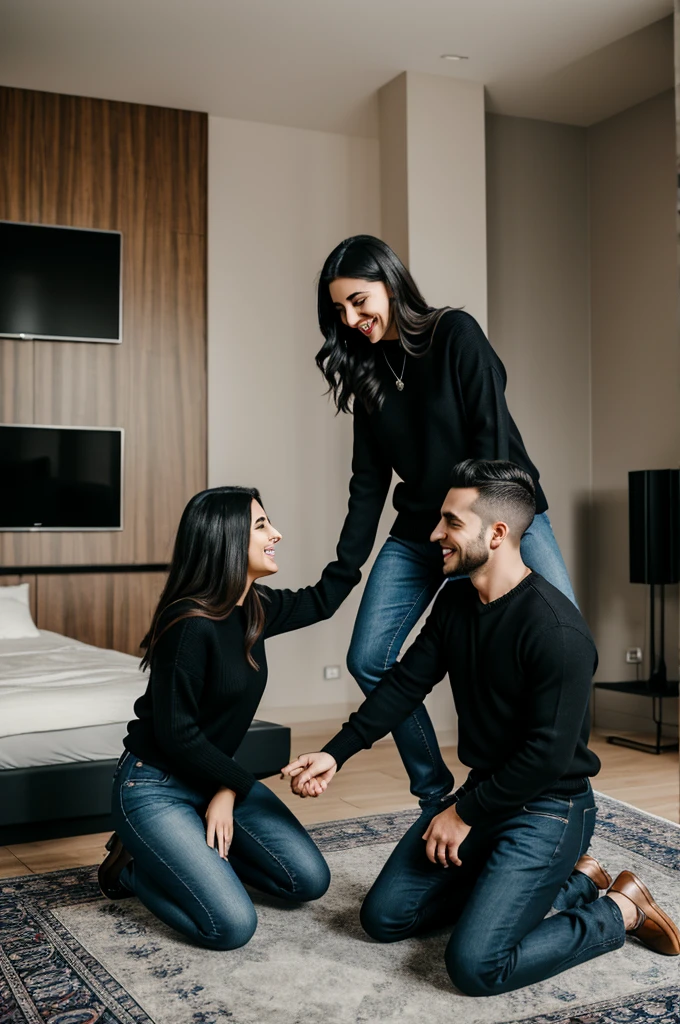 Young Turkish woman wearing a black sweater, a pair of jeans, black Chelsea boots She sits on her throne in a large modern luxury room In front of her a young German man kneels on the floor and kisses her feet She laughs and makes fun 