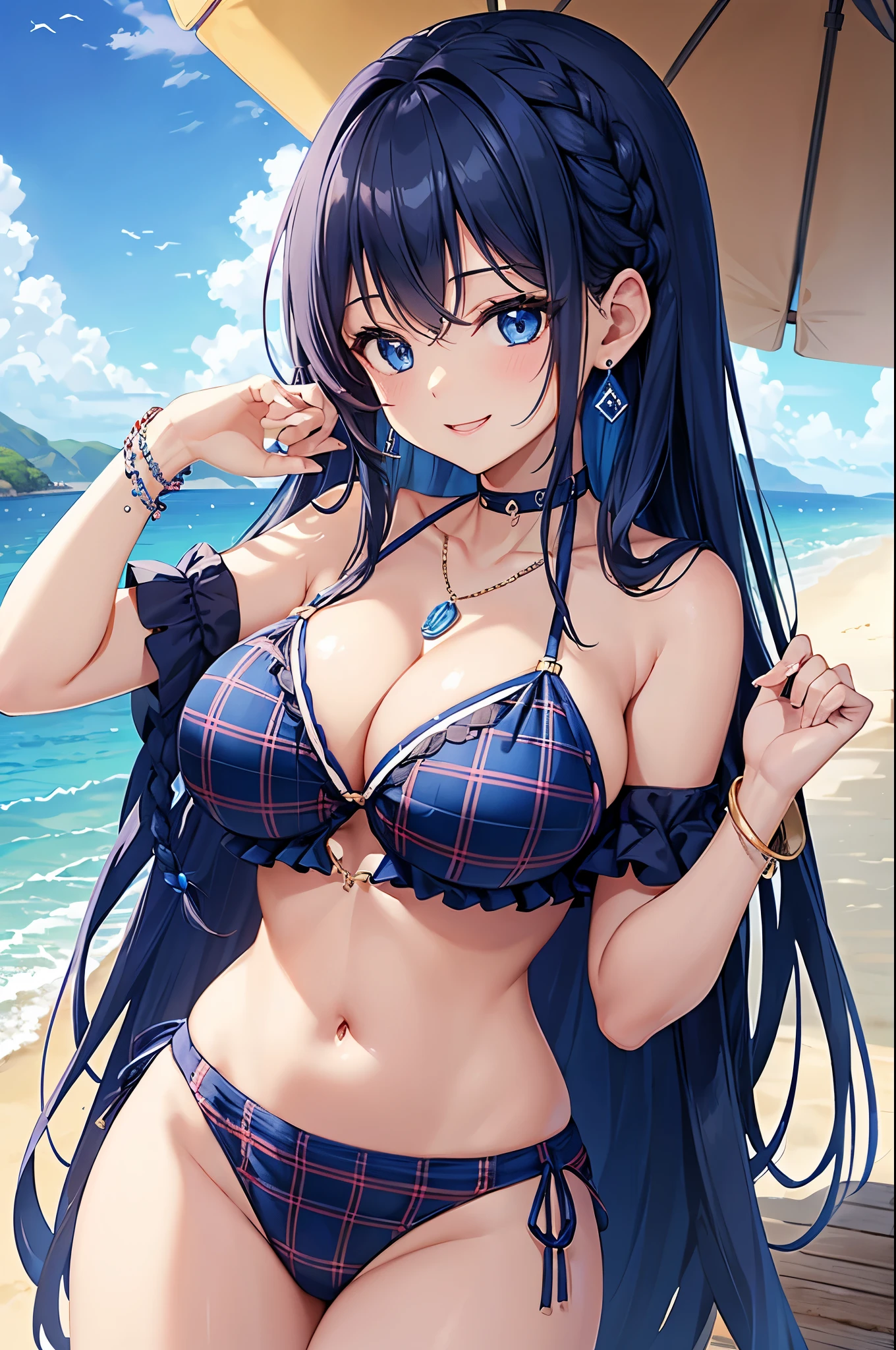 Highest quality、Highest quality、masterpiece、(8K),beauty(Age 25)、Navy blue long hair(Braiding of the sides)、blue eyes、Sexy Bikini(Plaid)、Big cleavage、(Big Breasts)、smile、blue necklace、Blue Earrings、background(Beach)、Please open your mouth wide、bracelet、Arch Pose、Blue choker