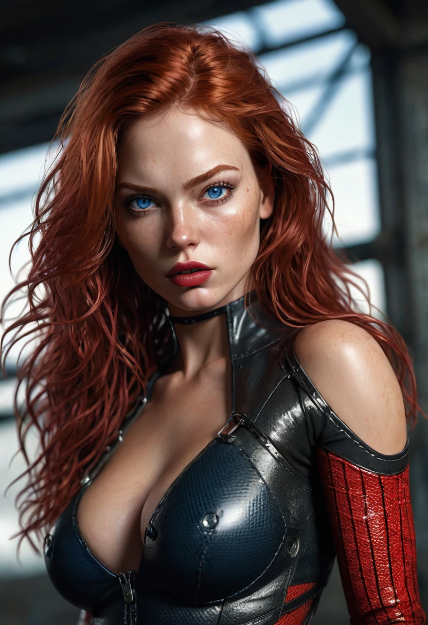 (highres,ultra-detailed),(realistic,photorealistic:1.37),Barb wire-inspired with mesmerizing and captivating beauty,long redhead, flowing hair, blue eyes, freckles, glossy red lips,[beautiful detailed eyes],[beautiful detailed lips],[extremely detailed eyes and face],[long eyelashes],1girl,provocative and seducing pose,amazingly fit physique,[slender but fit],[hourglass silhouette],[gymnast shape],[flawless skin],Barb wire outfit with daring crimson red leather,[revealing costume],[tight-fitting bodysuit],fierce and defiant expression,backlit by dim, sultry lights,gritty and industrial setting,photography,movie poster style,pop art influence,vivid colors,shadows and highlights adding depth,intense contrast,sexy and seductive atmosphere,dominant and powerful presence,erotic yet empowering artwork,eye-catching composition that demands attention,unforgettable and iconic portrayal.