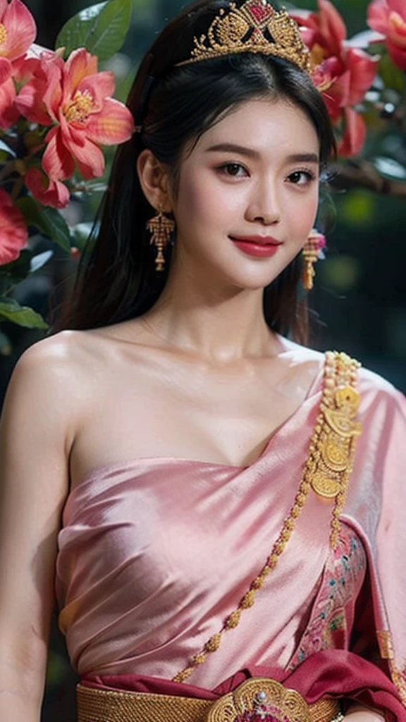 ((masterpiece)),upper body : lady Nang Kwak, Thai girl in a traditional Thai dress, magenta, with a fine pattern. ,Beautiful smile, Take a walk and admire beautiful, colorful flowers. ,The face is beautiful, sharp and realistic., Big, beautiful breasts, Hip fart,Wear luxurious ruby gemstone jewelry.,Professional Poses, Eyes on the audience,realistic 8K,