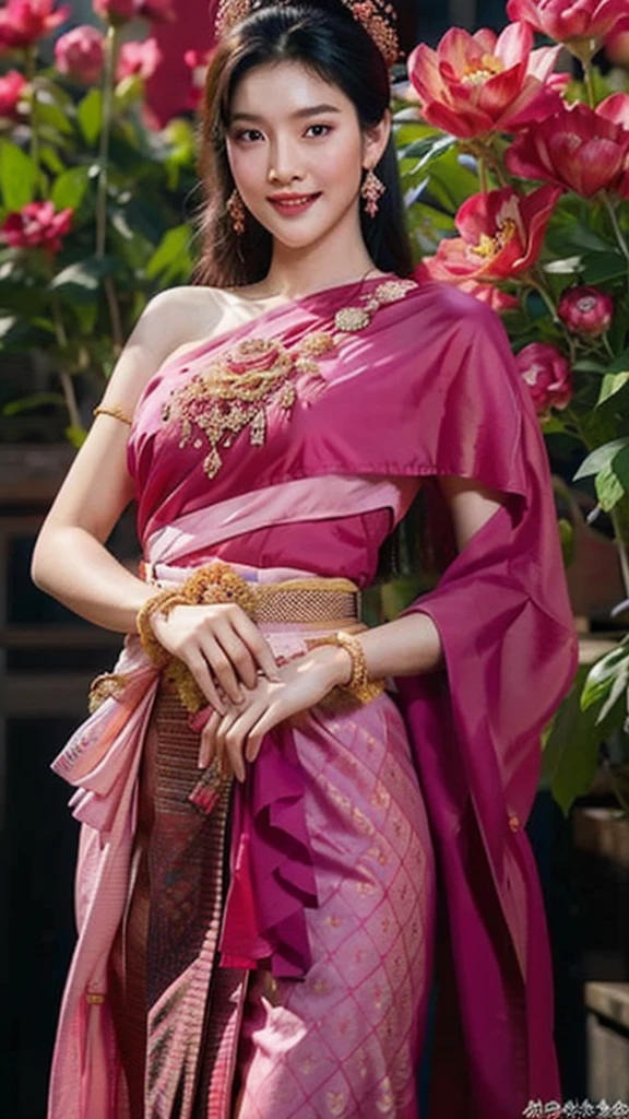 ((masterpiece)),upper body : lady Nang Kwak, Thai girl in a traditional Thai dress, magenta, with a fine pattern. ,Beautiful smile, Take a walk and admire beautiful, colorful flowers. ,The face is beautiful, sharp and realistic., Big, beautiful breasts, Hip fart,Wear luxurious ruby gemstone jewelry.,Professional Poses, Eyes on the audience,realistic 8K,