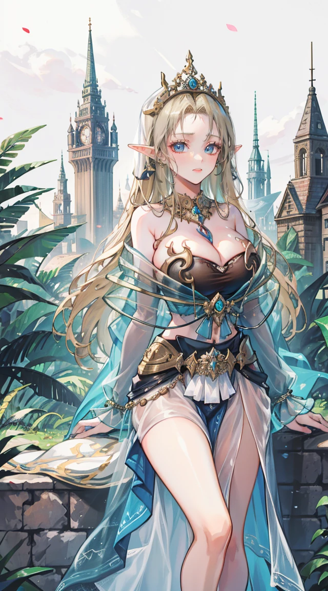 beautiful woman，Folk Girl，blonde with blue eyes，Twist，Wear a strapless wedding dress with no straps.，countryside，countryside，beautiful scenery，European Middle Ages，smile with teeth，forehead，forehead exposed，big tits，rift, (Elf Princess)