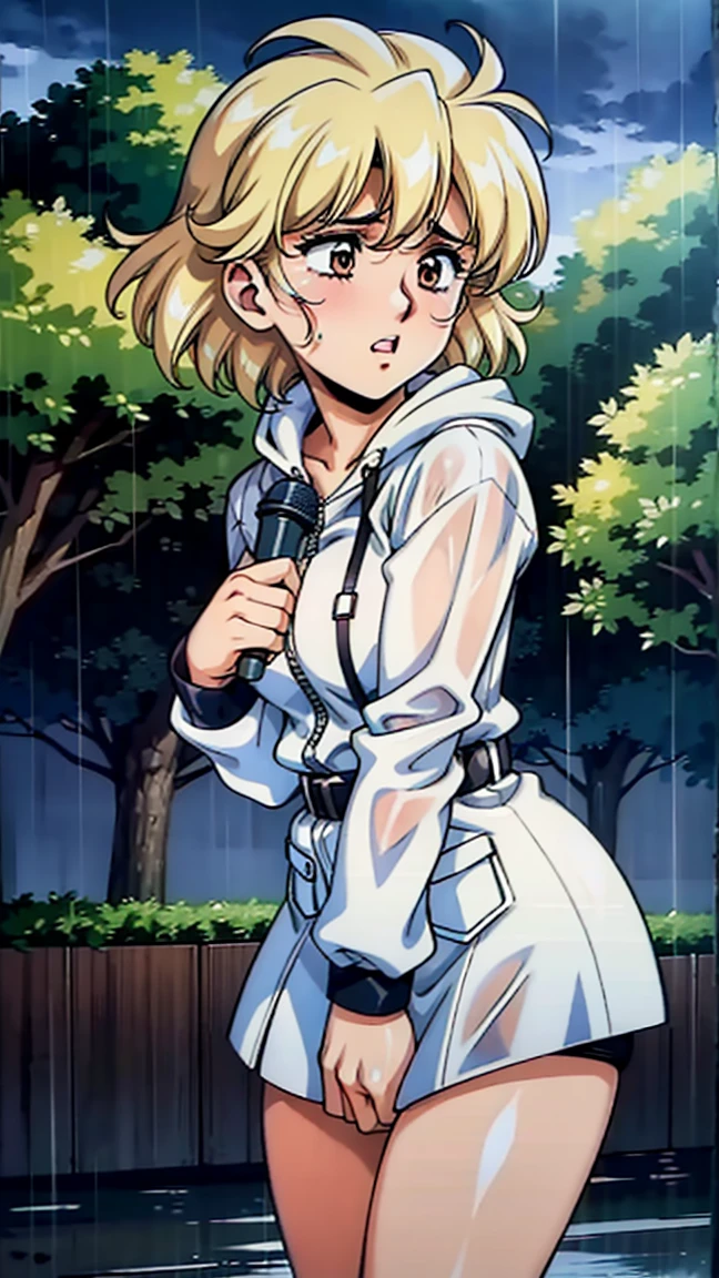 A realistic illustration of a female news reporter broadcasting in the middle of a typhoon. The scene shows the reporter holding a microphone and wearing a raincoat, struggling against strong winds and heavy rain. The background includes stormy skies, swaying trees, and floodwaters, capturing the intensity of the typhoon.