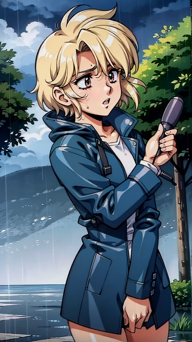 A realistic illustration of a female news reporter broadcasting in the middle of a typhoon. The scene shows the reporter holding a microphone and wearing a raincoat, struggling against strong winds and heavy rain. The background includes stormy skies, swaying trees, and floodwaters, capturing the intensity of the typhoon.