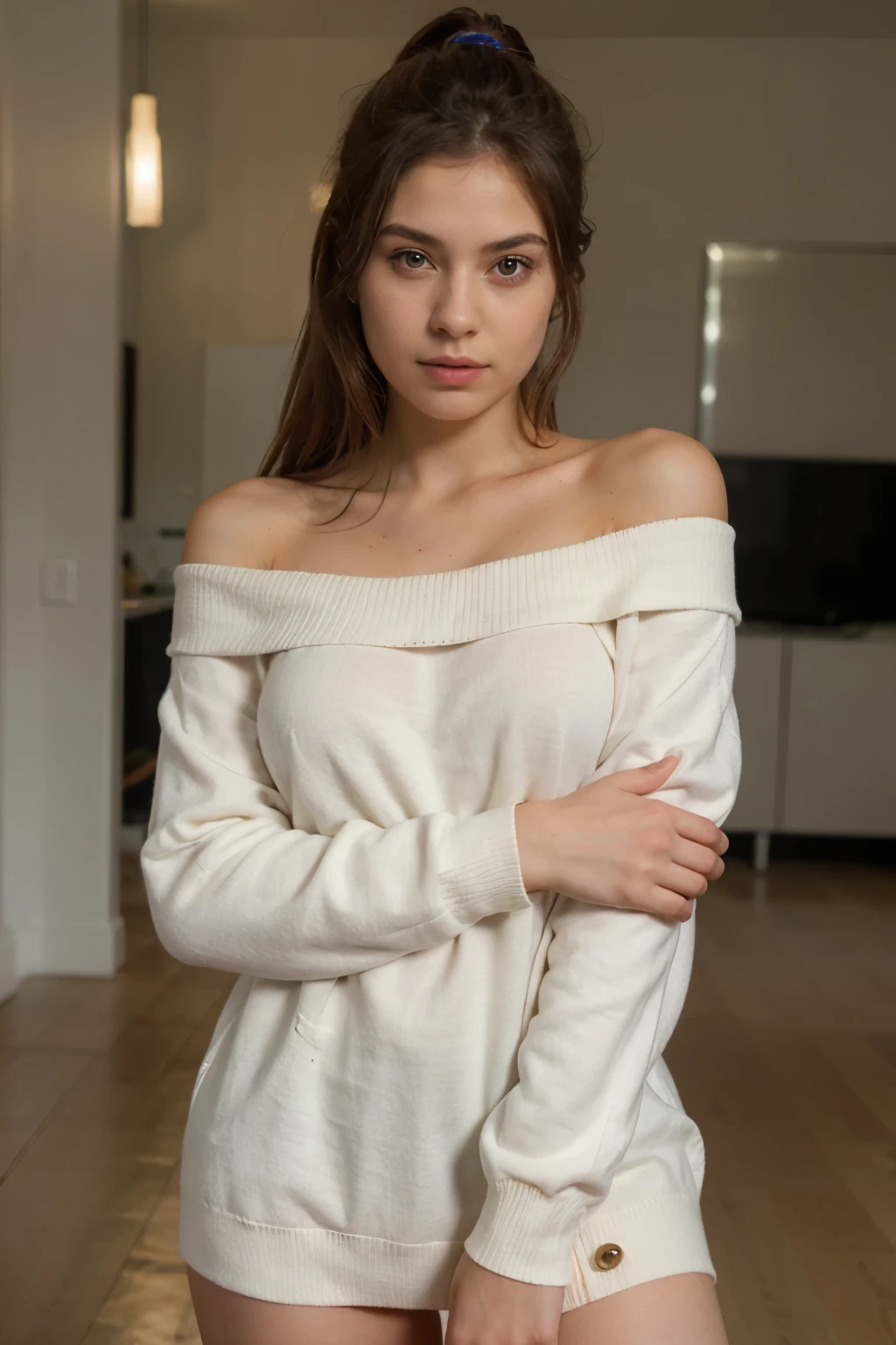 ((best quality)), ((masterpiece)), (detailed), 1girl, off-shoulder sweater,