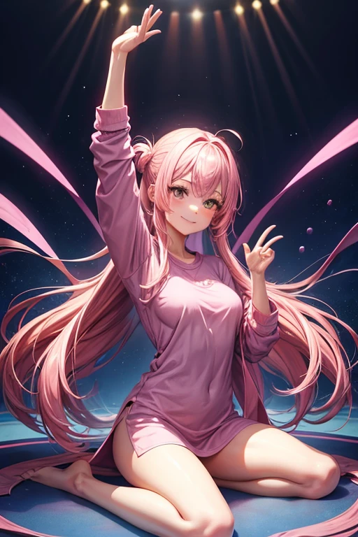 1 girl, improve, pink hair, SMILE, victory pose, LOTUS POSITION, Doble V, Long t-shirt, oversized clothing, bare legs,
inside,