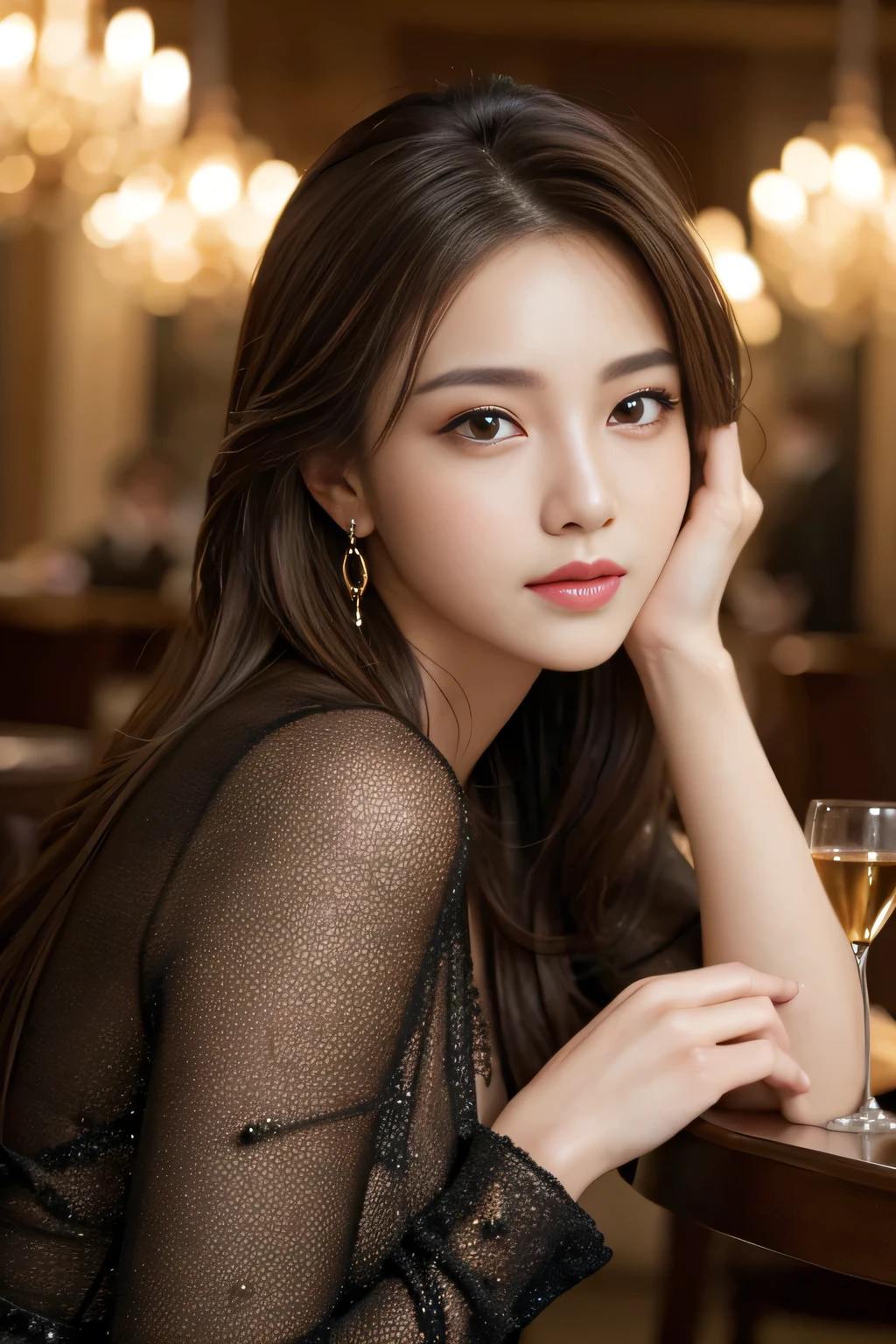 masterpiece, Highest quality, Realistic, Very detailed, Finer details, High resolution, 8k wallpaper, One beautiful woman, Wear a nice, elegant suit, In a great restaurant, At night, Light brown messy hair, Perfect dynamic composition, Beautiful and beautiful eyes、Big earrings、Sit on a chair、