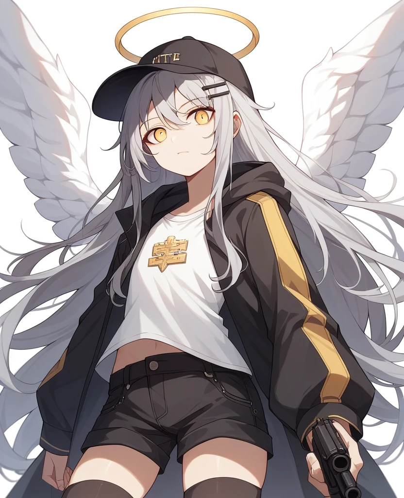 , masterpiece, Highest quality, Very detailed, CG, 8k wallpaper, Pretty face, Delicate eyes, country々, alone, 白いLong Hair, Yellow Eyes, hairpin, hairpin, White shirt, black hooded jacket, Black shorts,Black baseball cap,Black Stockings, City in Ruins,NSFW,(masterpiece, Highest quality:1.3), (Super detailed:1.3), One girl, alone, (Gray Hair, Messy Hair, Long Hair), (Angel Wings, Angel Halo), Flat Chest, Yellow Eyes,Dynamic Angle,Character portrait,Possession of a gun(shotgun:M1887),Pointing a Gun