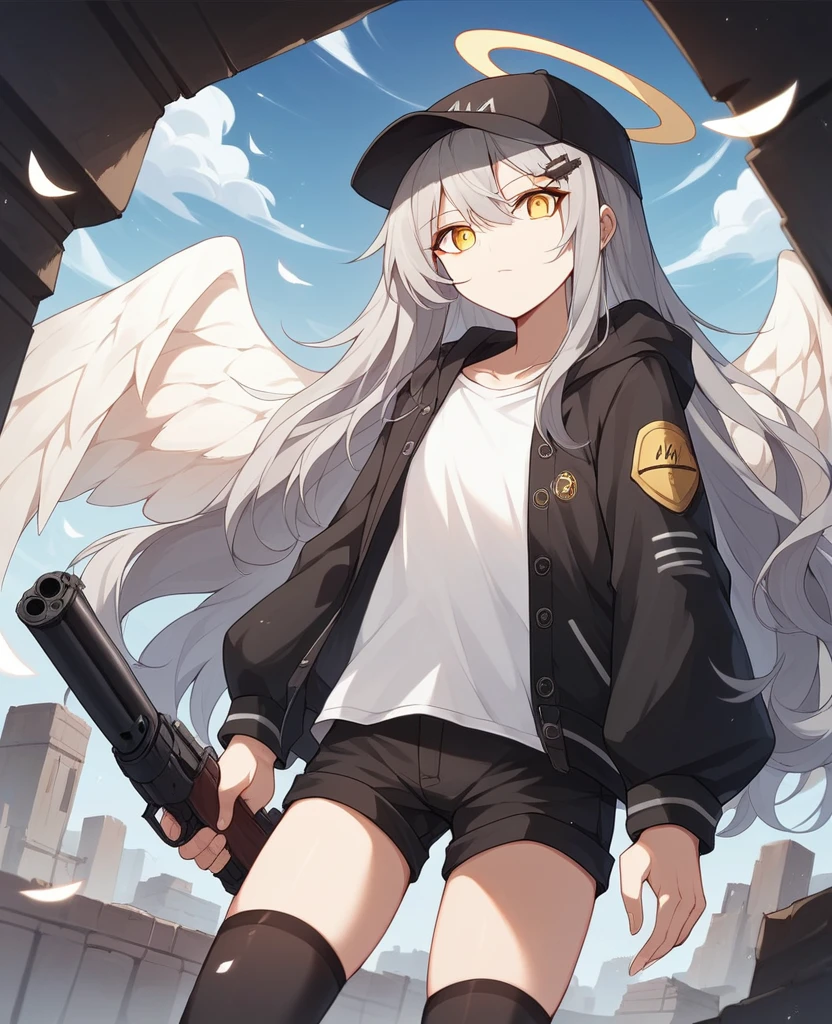 , masterpiece, Highest quality, Very detailed, CG, 8k wallpaper, Pretty face, Delicate eyes, country々, alone, 白いLong Hair, Yellow Eyes, hairpin, hairpin, White shirt, black hooded jacket, Black shorts,Black baseball cap,Black Stockings, City in Ruins,NSFW,(masterpiece, Highest quality:1.3), (Super detailed:1.3), One girl, alone, (Gray Hair, Messy Hair, Long Hair), (Angel Wings, Angel Halo), Flat Chest, Yellow Eyes,Dynamic Angle,Character portrait,Possession of a gun(shotgun:M1887),Pointing a Gun
