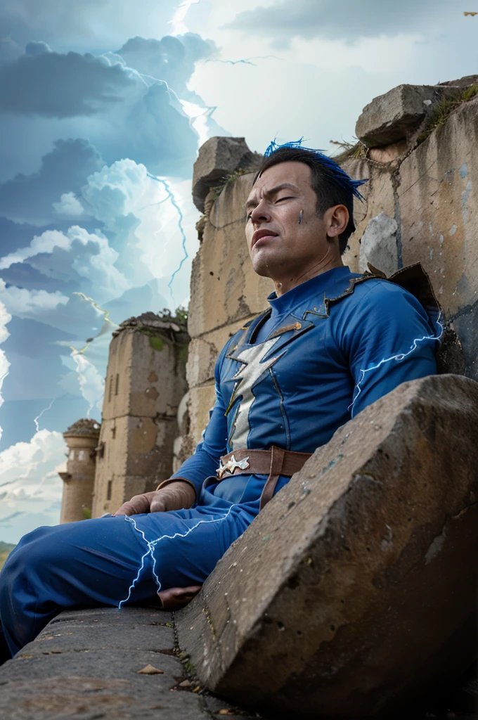 (masterpiece, best quality:1.2),medium shot, high angle photo of vegeta, king, ((50 years old)), serious, ((sad face)), spiked hair, black hair, black eyes, cavanhaque,white armor,com ombreiras marrom,capa vermela, white gloves, sitting on stone throne, destroyed throne, destroyed castle background, sayan king, noble, post apocalyptic war,surrounded by (blue lightning:1.5), ((eyes closed)), sad person