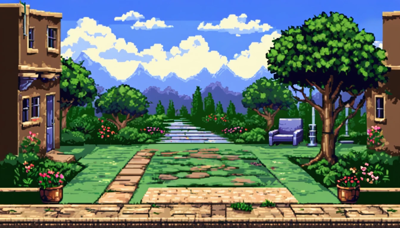 a backyard with a tree, a small patio set with one chair and small table, a stone path, a flowering bush, background, multiple texture spritesheet, pop-art-and-cartoon-style themed, 2d side scroller game, front view, pixel art