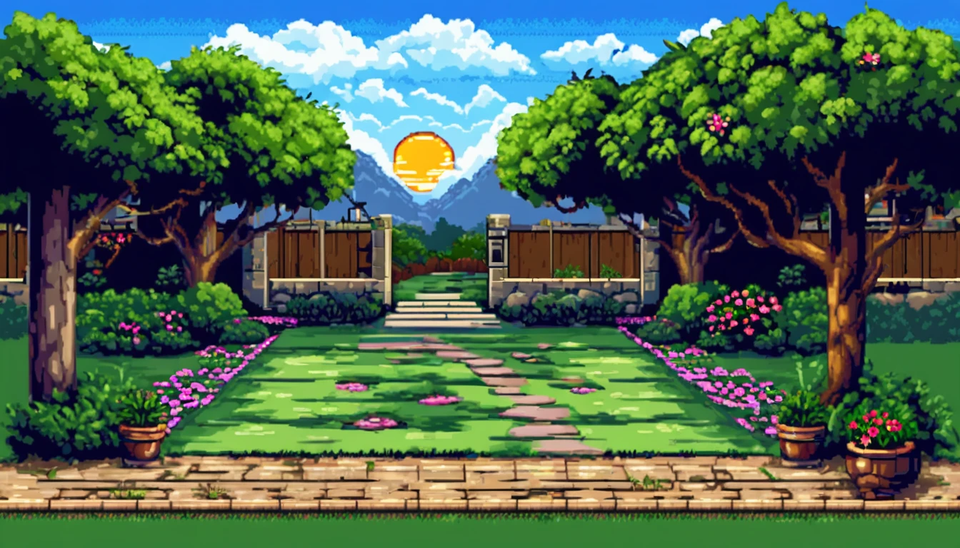 a backyard with a tree, a small patio set with one chair and small table, a stone path, a flowering bush, background, multiple texture spritesheet, pop-art-and-cartoon-style themed, 2d side scroller game, front view, pixel art