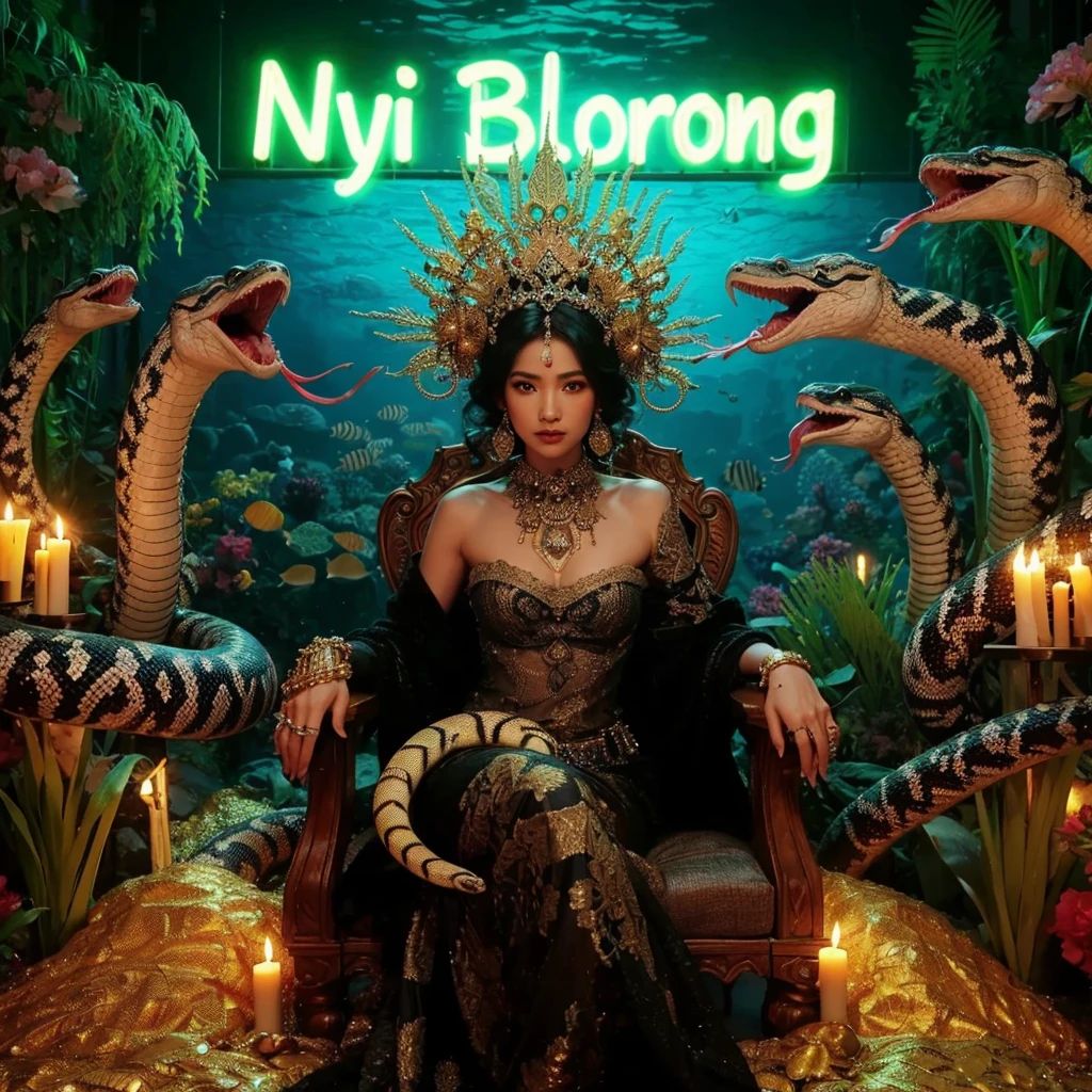 neon writing "Nyi Blorong" the pose of a beautiful woman with a Javanese face, but looks tough and fierce, sitting on the throne of a luxurious underwater palace, dozens of banded krait snakes guarding a pile of gold coins, her hair is decorated in a bun decorated with dozens of Banded krait weling snakes, wearing a snake head crown ( wearing a black shoulder-length kemben made of gold knitted velvet and a green shawl), wandering around, small fish, very real picture, UHD, detailed. glow.