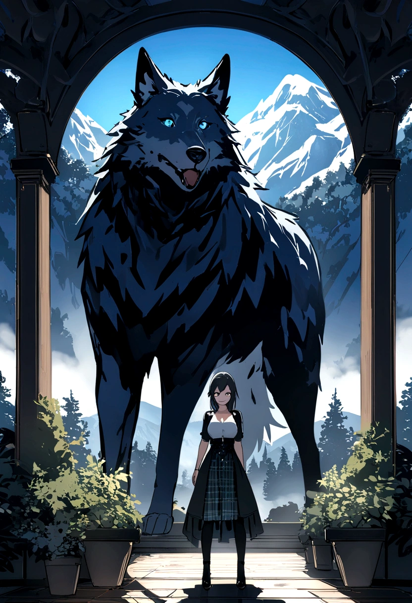 work of art, high quality best quality,1 girl, cerulean_sky, moutain, plein-air, plaid, plaid_fund, sky, ssmile, standing alone, floor, floorbeam, floorlight, Tree, immobile_standard, Giant Wolf, black wolf Fenrir, Norse mythology