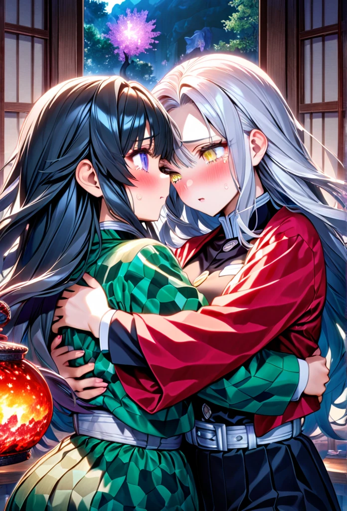 Ultra detailed, highres, absurdres, HDR, master piece, anime girl, pretty woman with white long hair with deep red streaks, girl with yellow eyes, the girl is using a red haori, black demon slayer uniform, Kimetsu No Yaiba, fantasy, the pretty girl is sad and crying, Tomioka Giyu, Water Hashira, Tomioka is worried and comforting the girl, romance, magic, inside a japones house, best quality, extremely detailed face, love, passion, romance, anime, they are really in love, hug