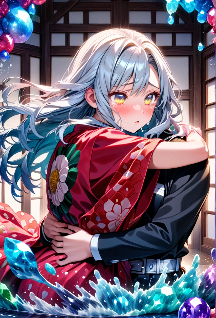 
Ultra detailed, highres, absurdres, HDR, master piece, anime girl, pretty woman with white long hair with deep red streaks, girl with yellow eyes, the girl is using a red haori, black demon slayer uniform, Kimetsu No Yaiba, fantasy, the pretty girl is sad and crying, Tomioka Giyu, Water Hashira, Tomioka is worried and comforting the girl, romance, magic, inside a japones house, best quality, extremely detailed face, love, passion, romance, anime, they are really in love, hug