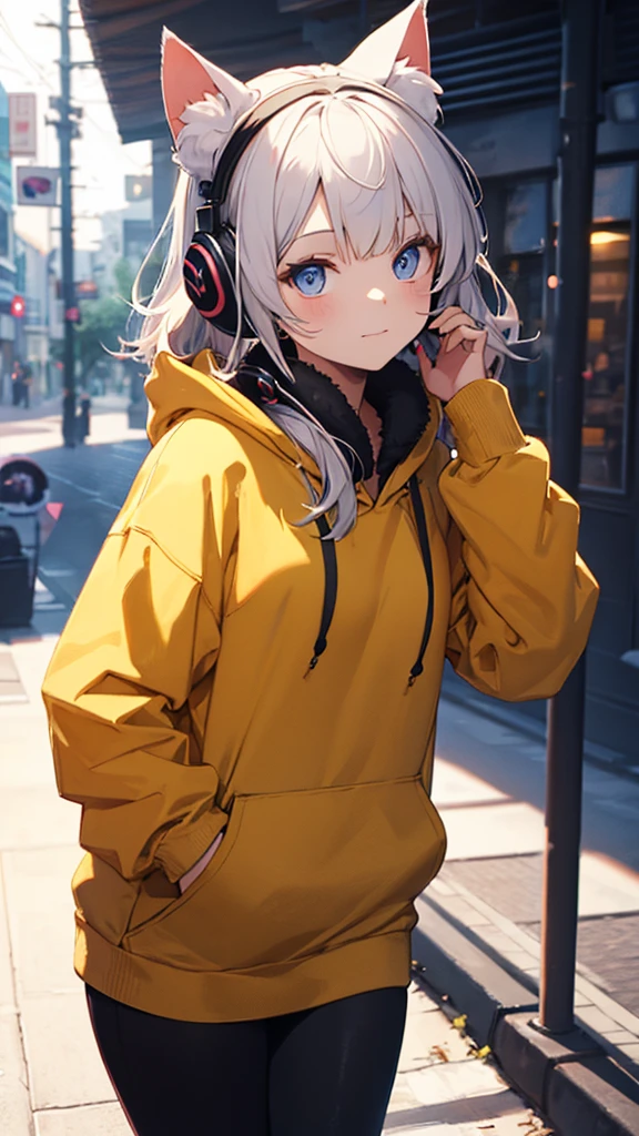 Cute cat with fluffy fur wearing one hoodie and headphones, The background is modern and inorganic, Adorable digital painting, 3D Rendering, Bright lighting, Vibrant colors,