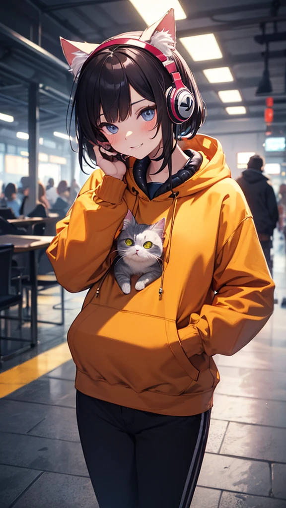 Cute cat with fluffy fur wearing one hoodie and headphones, The background is modern and inorganic, Adorable digital painting, 3D Rendering, Bright lighting, Vibrant colors,