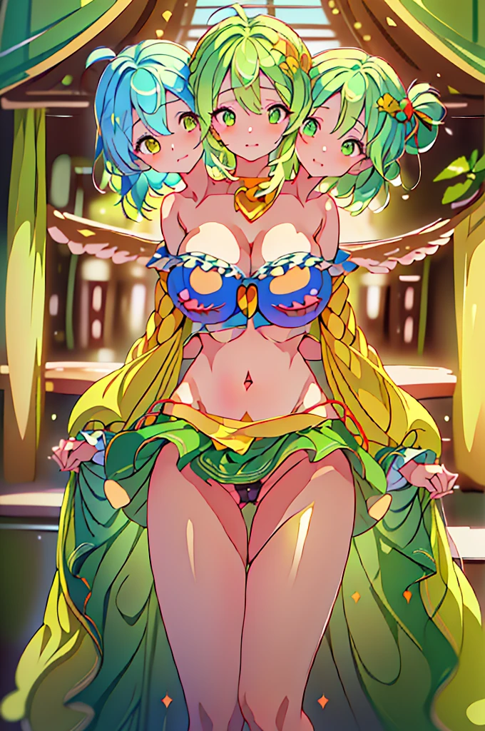 (masterpiece, best quality), best quality, (ultra-detailed), (3heads:1.5), 1girl, (komeji koishi:1.3), masterpiece, best quality, ultra quality, ultra resolution, yellow top, crop top, ((stomach)), midriff, ((groin)), green skirt, normal ears, shackles, mint green hair, very long hair, wavy hair, sidelocks, green eyes, detailed eyes, parted lips, smiling, cute, toned belly, hand on own chest, eyelashes, (24 year old woman:1.3), (masterpiece:1.5), (best quality:1.5), (beautiful detailed extremely detailed CG, extremely delicate and beautiful, depth of field, (finely detailed face), (perfect details:1.2), (mature female:1.3), wide pelvis, slender, large veiny breast, 16k resolution, highres, high quality, high definition, extremely detailed, masterpiece, mint green hair, long hair, alluring presence, braid, short skirt, close up, very big tits, huge tits, young, black headwear, hat bow,