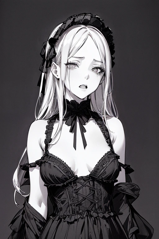 Highest quality, (Background details), High Contrast, Very beautiful girl, Small breasts、Detailed original illustrations、Gothic ta、(Brat)、Provocative eyes、laugh at、Provocative、functional、Delicate face、Charm、sexy、Real breasts、Head close-up, Black background, (Black background: 1.5), Beautiful line art、Monochrome