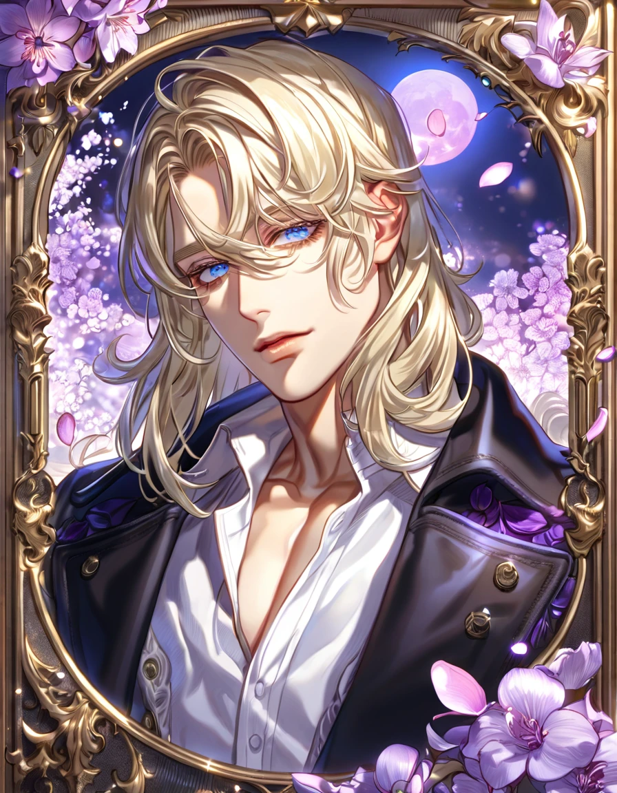 absurdres, highres, ultra detailed, HDR, master piece, best quality, Frankenstein, silky blond hair, medium hair, expressive blue eyes, Noblesse, sexy man, solo, handsome, black coat, white shirt, fantasy, purple flowers, blossoms, magical, purple petals, purple moon, water, fireflies